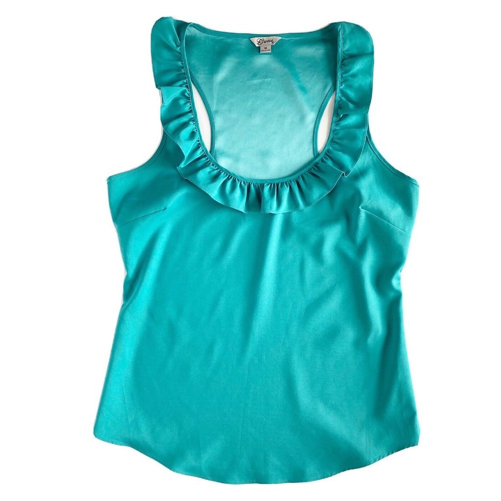 Turquoise Racerback Ruffle Trim Tank Blouse Medium